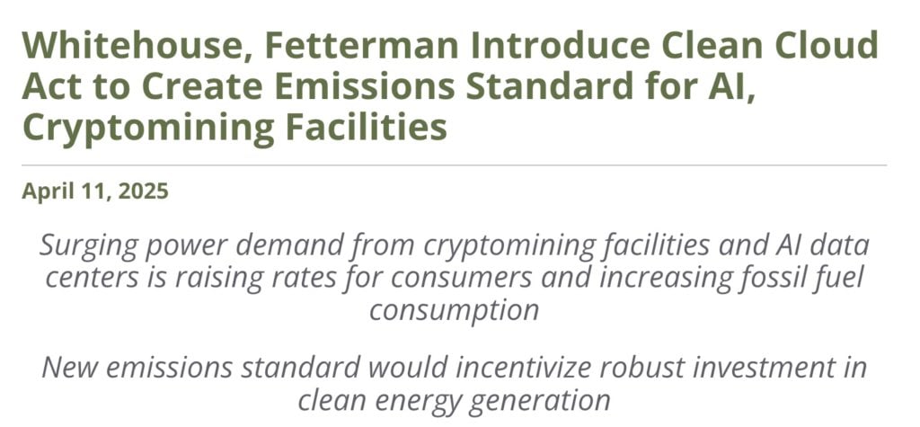 डेमोक्रेटिक पार्टी ने "क्लीन क्लाउड एक्ट" का प्रस्ताव रखा हरित ऊर्जा को अपनाने के लिए अमेरिकी बिटकॉइन खनन कंपनियों और एआई कंप्यूटिंग केंद्रों की आवश्यकता है: 2035 तक शून्य कार्बन उत्सर्जन प्राप्त करें"><figcaption id="caption-attachment-412772" class="doxsqm">स्रोत: www.epw.senate.gov</figcaption></figure><h3>बिल का मुख्य तंत्र: क्षेत्रीय उत्सर्जन सीमा और वार्षिक कटौती</h3><p>के अनुसार मसौदे की सामग्री, बिल वर्तमान "स्वच्छ वायु अधिनियम" (स्वच्छ वायु अधिनियम) में संशोधन करेगा। आगे बढ़ते हुए, क्रिप्टोक्यूरेंसी खनन फार्म और एआई कंप्यूटिंग केंद्रों सहित 100 किलोवाट (किलोवाट) से अधिक ऊर्जा क्षमता वाले सभी डेटा केंद्रों को क्षेत्र-विशिष्ट उत्सर्जन सीमाओं का पालन करना होगा। </p><p>इन सीमाओं के मानक अमेरिकी ऊर्जा विभाग द्वारा प्रकाशित नेशनल ट्रांसमिशन रिक्वायरमेंट्स स्टडी में परिभाषित विभिन्न बिजली क्षेत्रों की विशेषताओं पर आधारित होंगे। इसका मतलब यह है कि प्रत्येक क्षेत्र में ऊर्जा संरचनाओं और पावर ग्रिड में अंतर को ध्यान में रखते हुए, विभिन्न क्षेत्रों में सुविधाओं को अलग-अलग उत्सर्जन कटौती दबाव का सामना करना पड़ेगा। </p><p>बिल में कहा गया है कि <strong>प्रत्येक क्षेत्र के लिए विशिष्ट उत्सर्जन सीमा 2025 के अंत से पहले निर्धारित की जाएगी। इसके बाद, 2035 में शून्य उत्सर्जन तक पहुंचने तक सीमा को हर साल 11% कम किया जाएगा। </strong>उत्सर्जन सीमा को पूरा करने में विफल रहने वाली कंपनियों के लिए, उनके अतिरिक्त उत्सर्जन के आधार पर मुद्रास्फीति-समायोजित जुर्माना लगाया जाएगा। </p><p>यह ध्यान देने योग्य है कि मसौदा स्पष्ट रूप से संबंधित कंपनियों को अपने ग्राहकों पर इन जुर्माना लागतों को डालने से रोकता है, यह सुनिश्चित करते हुए कि कंपनियां स्वयं पर्यावरणीय जिम्मेदारियां लेती हैं। </p><h3>सख्त रिपोर्टिंग दायित्व और जिम्मेदारियां</h3><p>विस्तृत वार्षिक रिपोर्ट प्रस्तुत करने के लिए प्रासंगिक सुविधाओं की आवश्यकता के अलावा, रिपोर्ट में उनकी कुल बिजली खपत और बिजली स्रोतों (नवीकरणीय ऊर्जा और जीवाश्म ईंधन का अनुपात) जैसे प्रमुख डेटा शामिल होना चाहिए। </p><p>एक उल्लेखनीय विवरण यह है कि बिल जुर्माना भरने की जिम्मेदारी सुविधा मालिक के बजाय "पट्टे पर दी गई सुविधा के पट्टेदार" पर डालता है। इसका मतलब यह है कि खनन या एआई कंप्यूटिंग के लिए सर्वर स्थान किराए पर लेने वाले व्यक्तियों या कंपनियों को भी बिल के दायरे का विस्तार करते हुए रिपोर्टिंग आवश्यकताओं और संभावित जुर्माने में शामिल किया जा सकता है। </p><p>अच्छे पक्ष को देखते हुए, यदि बिल पारित हो जाता है, तो यह क्लाउड सेवा प्रदाताओं और डेटा सेंटर ऑपरेटरों को पर्यावरण नियमों के प्रति संवेदनशील ग्राहकों को आकर्षित करने के लिए अधिक सक्रिय रूप से हरित ऊर्जा समाधान खोजने के लिए प्रेरित करेगा। लेकिन यह छोटे खिलाड़ियों के लिए एक बड़ी चुनौती पैदा कर सकता है, जिनके पास ऊर्जा परिवर्तन करने या जटिल नियामक अनुपालन आवश्यकताओं से निपटने के लिए बड़ी कंपनियों के संसाधनों की कमी हो सकती है। </p><h3>एन्क्रिप्शन खनन उद्योग ने बड़ी मात्रा में नवीकरणीय ऊर्जा को अपनाया है</h3><p>पिछले साल के अंत के आंकड़ों के अनुसार, वैश्विक बिटकॉइन खनन नेटवर्क द्वारा उपयोग की जाने वाली 50% से अधिक ऊर्जा वास्तव में पानी, हवा और सौर ऊर्जा जैसे नवीकरणीय ऊर्जा स्रोतों से आती है। आइसलैंड और क्यूबेक, कनाडा जैसे प्रचुर और सस्ती हरित ऊर्जा वाले क्षेत्र खनिकों के लिए लोकप्रिय विकल्प बन गए हैं। </p><p>यदि भविष्य में "क्लीन क्लाउड एक्ट" वास्तव में पारित हो जाता है, तो खनन कंपनियां और एआई कंप्यूटिंग केंद्र निस्संदेह नवीकरणीय ऊर्जा को अपनाने की गति में तेजी लाएंगे, और उन कंपनियों को खत्म कर सकते हैं जो अनुकूलन करने में असमर्थ या अनिच्छुक हैं। </p><p>कुल मिलाकर, मसौदा काफी आक्रामक उत्सर्जन कटौती कार्यक्रम है, जो संबंधित कंपनियों को जल्द से जल्द ऊर्जा परिवर्तन रणनीतियों की योजना बनाने के लिए मजबूर करता है। हालाँकि, ट्रम्प प्रशासन के संदर्भ में, उन्होंने बार-बार कहा है कि ग्लोबल वार्मिंग का कार्बन उत्सर्जन से कोई लेना-देना नहीं है। इस बिल को कांग्रेस में रिपब्लिकन के विरोध का सामना करना पड़ेगा (रिपब्लिकन तर्क दे सकते हैं कि अत्यधिक कड़े पर्यावरण नियम नवाचार को रोक देंगे और क्रिप्टोकरेंसी और एआई के दो अग्रणी क्षेत्रों में संयुक्त राज्य अमेरिका की प्रतिस्पर्धात्मकता को कमजोर कर देंगे)। यह भविष्य में पारित होगा या नहीं यह अभी भी अनिश्चित है। </p>